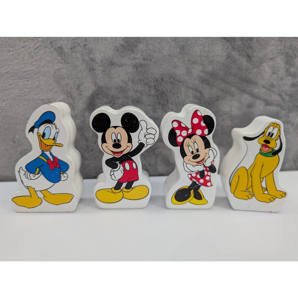 LOT of 4 wooden Mickey Mouse, Minnie Mouse, Donald, Pluto Disney figurines 2"
